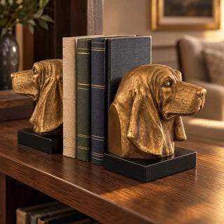 Bloodhound head bookend set holding books on dark wood shelf in sunlit living room