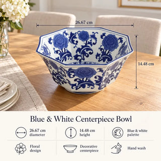 Blue and white centerpiece bowl 26.67cm diameter and 14.48cm height on oak dining table