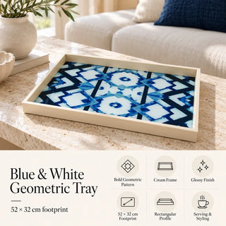 Blue and white geometric tray 52cm x 32cm feature guide on stone coffee table by sofa