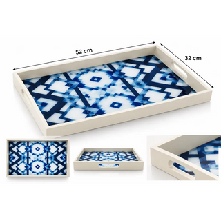 Blue and white geometric tray dimensions 52cm x 32cm and detail views