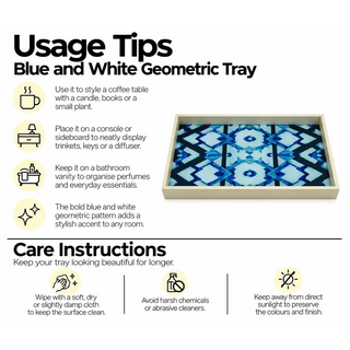 Blue and white geometric tray usage tips and care instructions