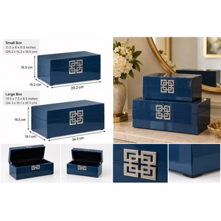 Blue decorative boxes set of 2 dimensions open lid and clasp detail views