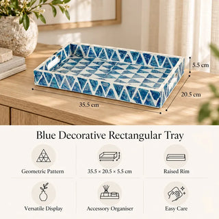 Blue decorative rectangular tray 35.5cm x 20.5cm x 5.5cm specifications on oak sideboard