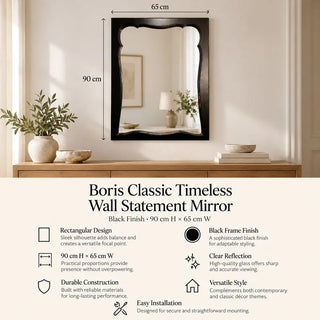 Boris classic wall mirror black 90cm x 65cm specifications above wooden sideboard