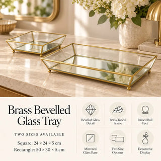Brass bevelled glass tray size guide 24cm x 24cm and 50cm x 30cm on marble benchtop