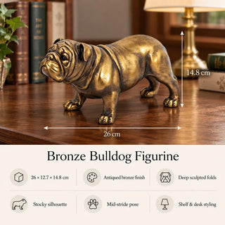 Bronze bulldog figurine 26cm x 12.7cm x 14.8cm size guide with feature icons