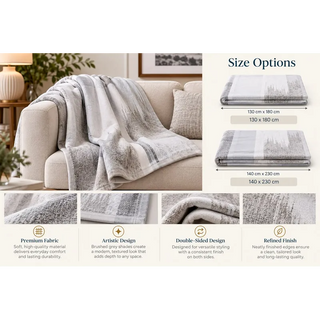 Brushed artistic grey shades throw size options 130cm x 180cm and 140cm x 230cm on cream sofa