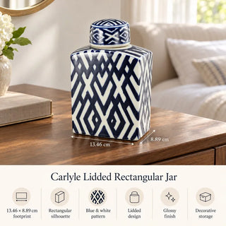 Carlyle lidded rectangular jar 13.46cm x 8.89cm footprint guide on wooden side table