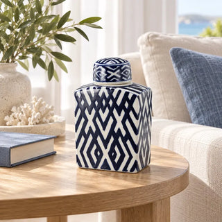 Carlyle lidded rectangular jar on round oak side table beside cream linen sofa