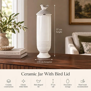 Ceramic jar with bird lid 57cm height and 17.5cm footprint specifications on dark sideboard