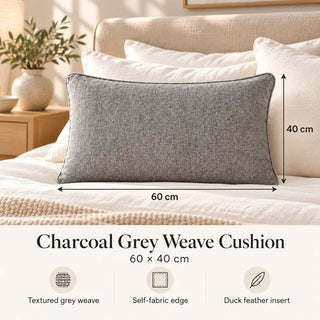 Charcoal grey weave cushion size guide 40cm x 60cm on bed