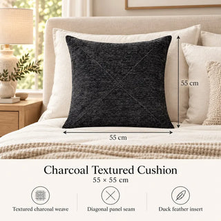 Charcoal textured cushion size guide 55cm x 55cm on cream bed linen
