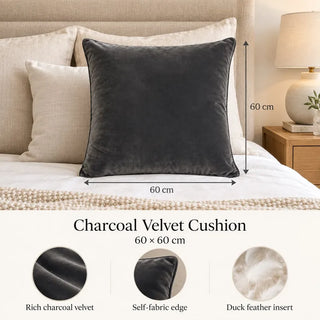 Charcoal velvet cushion size guide 60cm x 60cm on bed with fabric and feather close ups
