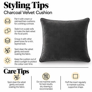 Charcoal velvet cushion styling tips and care tips