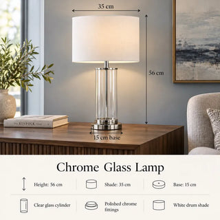 Chrome glass lamp 56cm height 35cm shade 15cm base specifications on walnut sideboard