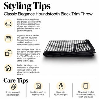 Classic houndstooth throw with black trim styling tips and care tips