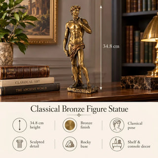Classical bronze figure statue 34.8cm height specifications on wooden desk with books