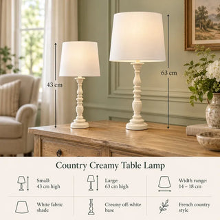 Country creamy table lamp size guide 43cm and 63cm heights on rustic timber dresser