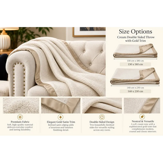 Cream double sided throw with gold trim size options 130cm x 180cm and 140cm x 230cm