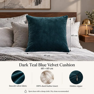 Dark teal blue velvet cushion size guide 60cm x 60cm with fabric and feather close ups