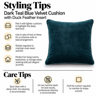 Dark teal blue velvet cushion styling tips and care tips
