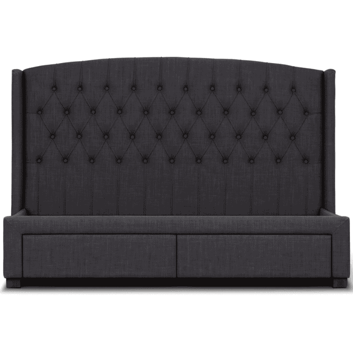 Kingston dark grey fabric storage bed front view with tufted headboard