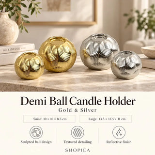 Demi ball candle holder size guide 10cm and 13.5cm in gold and silver on stone table