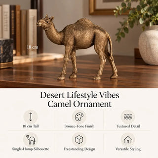 Desert camel ornament 18cm height and feature icons on wooden desk beside books