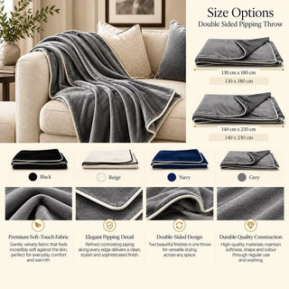 Double sided piping throw grey on sofa with size guide 130cm x 180cm and 140cm x 230cm