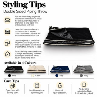 Double sided piping throw styling tips care tips and 4 colour options
