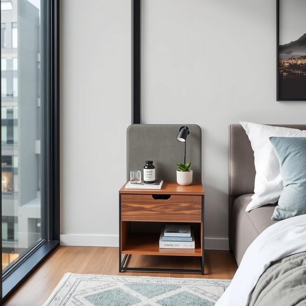 Compact modern bedside table in contemporary apartment