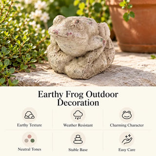 Earthy frog outdoor decoration on stone paving with six feature icons