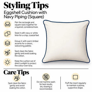 Eggshell cushion with navy piping styling tips and care tips