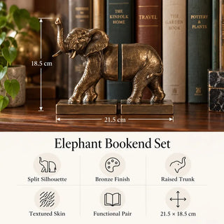 Elephant bookend set size guide 21.5cm x 18.5cm with feature icons on wooden shelf