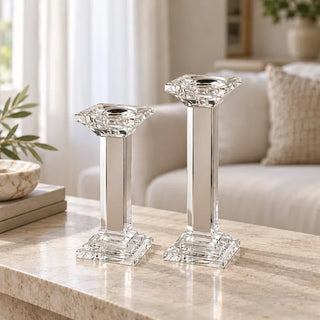  Elevated elegance pillar candle holder pair on travertine coffee table with cream sofa
