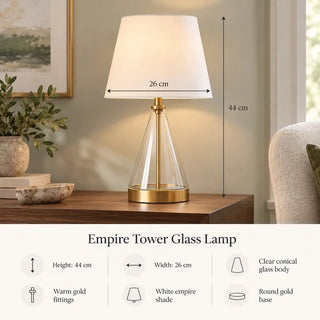 Empire tower glass lamp 44cm height and 26cm width specifications on walnut side table