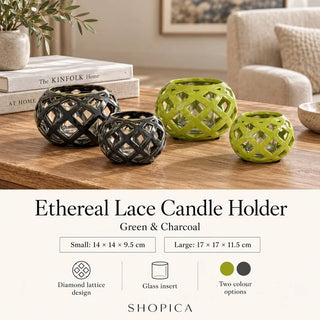 Ethereal lace candle holder green and charcoal size guide on oak coffee table
