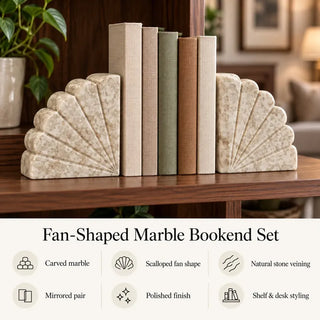 Fan shaped marble bookend set features infographic with linen books on walnut shelf