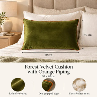 Forest velvet cushion with orange piping size guide 40cm x 60cm and fabric close ups
