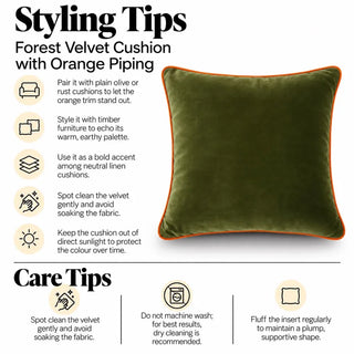 Forest Velvet Cushion with Orange Piping