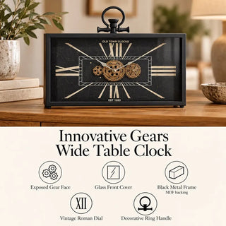 Gears wide table clock feature highlights on timber sideboard beside ceramic vase