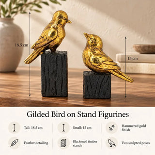 Gilded bird on stand figurine size guide 18.5cm and 15cm heights with feature icons