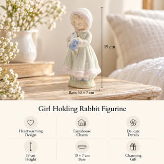Girl holding rabbit figurine size guide 19cm tall 10cm x 7cm base on rustic bedside table