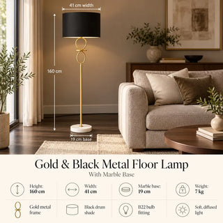 Gold and black metal floor lamp with marble base 160cm height and 41cm width specifications