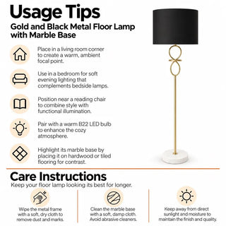 Gold and black metal floor lamp with marble base usage tips and care instructions