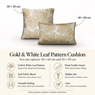 Gold and white leaf pattern cushion 40cm x 60cm and 50cm x 50cm with feature icons