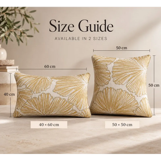  Gold and white leaf pattern cushion size guide 40cm x 60cm and 50cm x 50cm