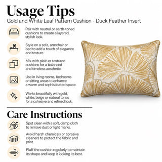 Gold and white leaf pattern cushion usage tips and care instructions