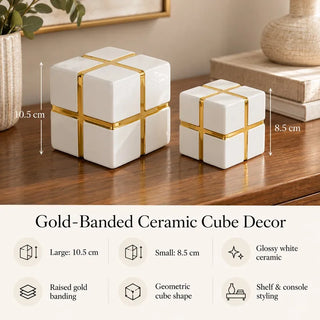 Gold banded ceramic cube decor size guide 10.5cm and 8.5cm on wooden console with books