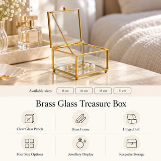 Gold brass glass treasure box size options 11cm 16cm 18cm and 31cm on marble bedside table